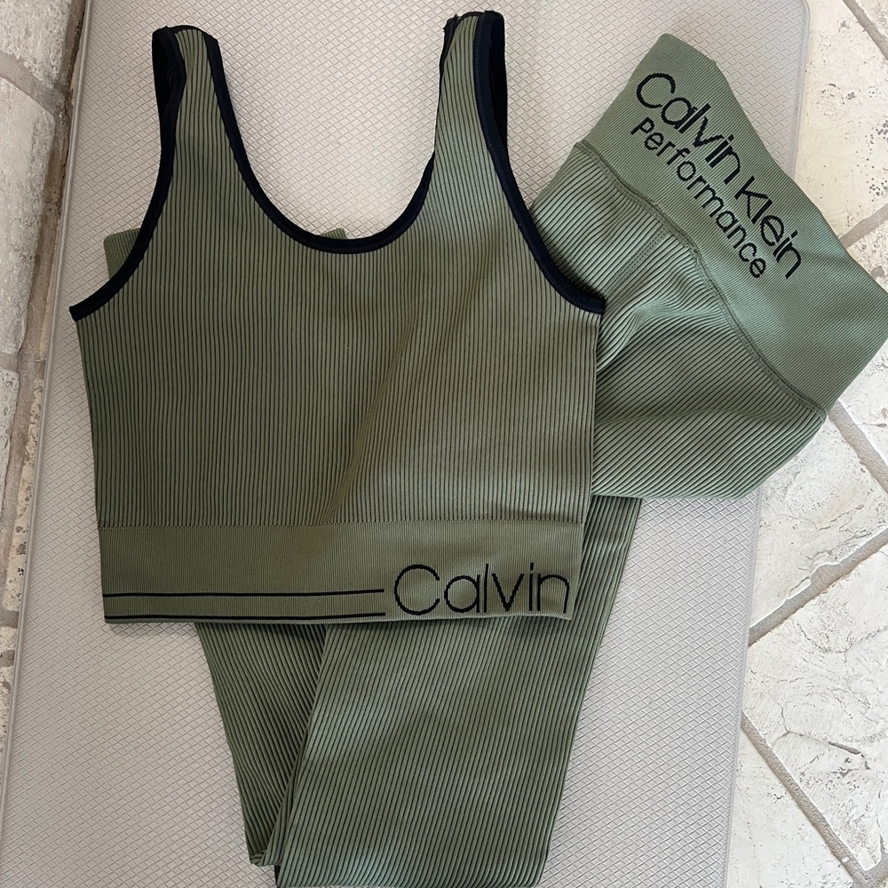 Calvin Klein Olive Ribbed Sports Bra and Leggings